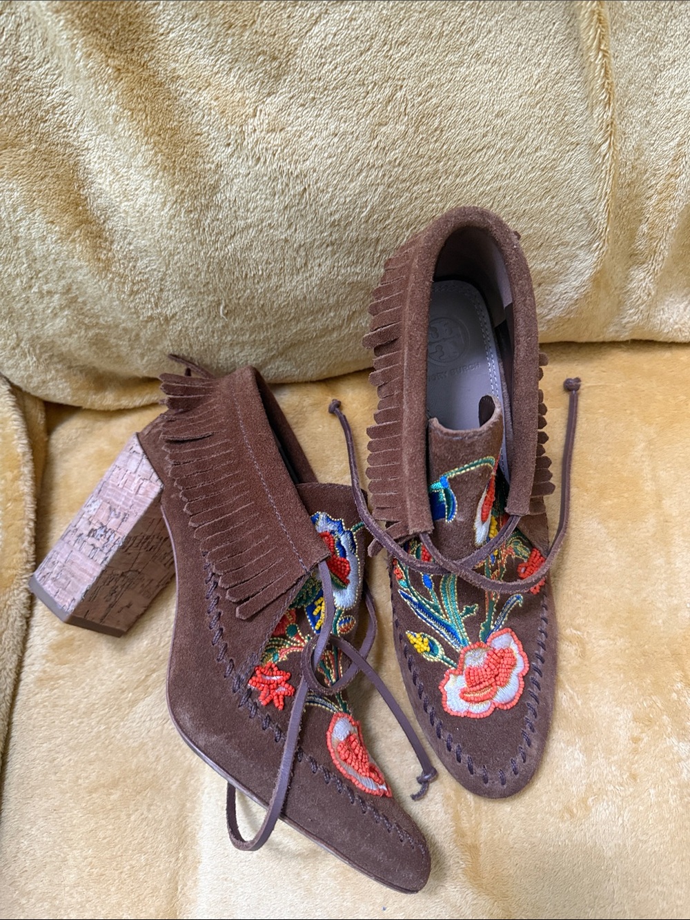 Tory Burch Brown Suede Embroidered Fringe Women's Heels